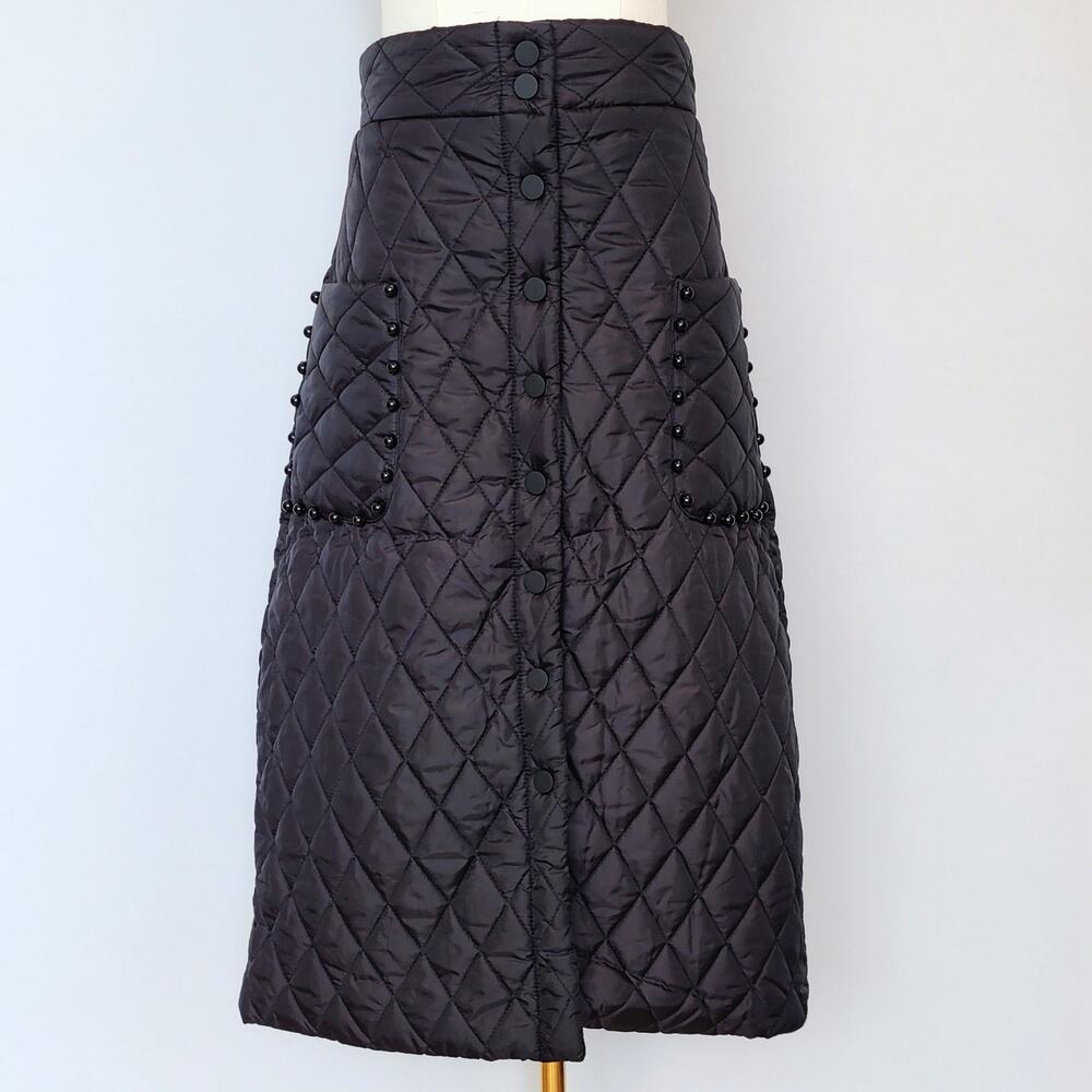 Lilian Black Quilted A- Line Midi Skirt Snap Front Closure Waist is 32" Size 6-8